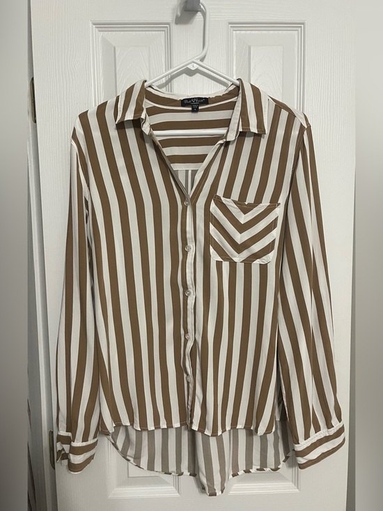 Velvet Heart Tops - Velvet Heart Brown and White Striped Button-Down Shirt